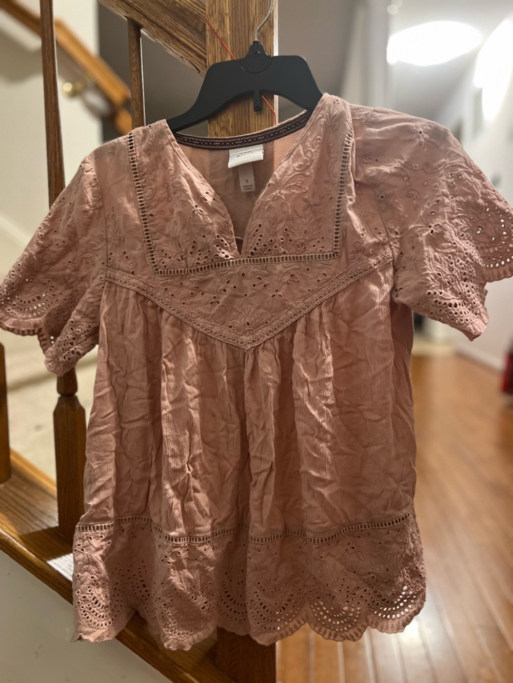Boho  Eyelet Peasant Top in Dusty Rose